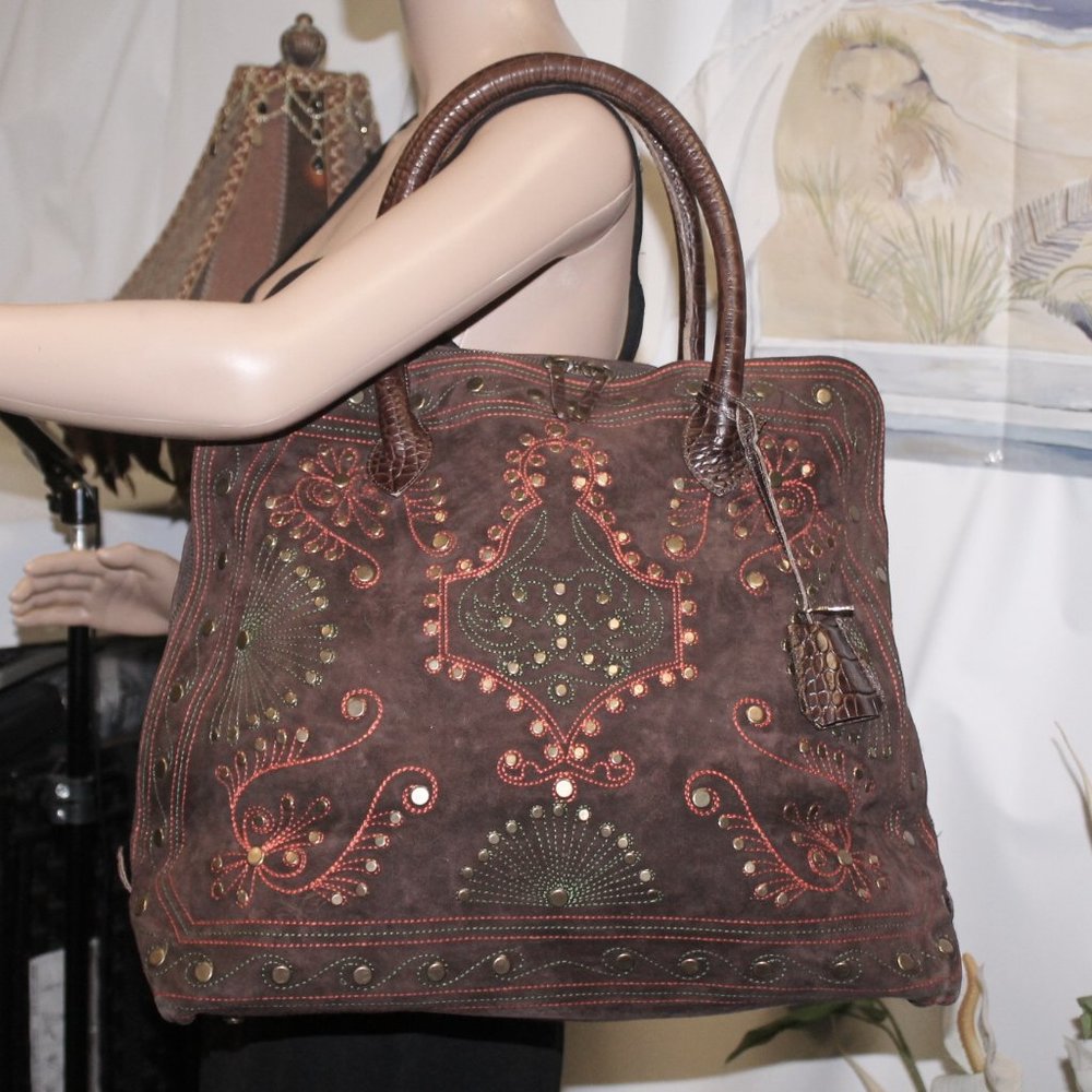Boho Croc Leather Studded Suede Embroidered Zip Around Tote Bag Purse Handbag